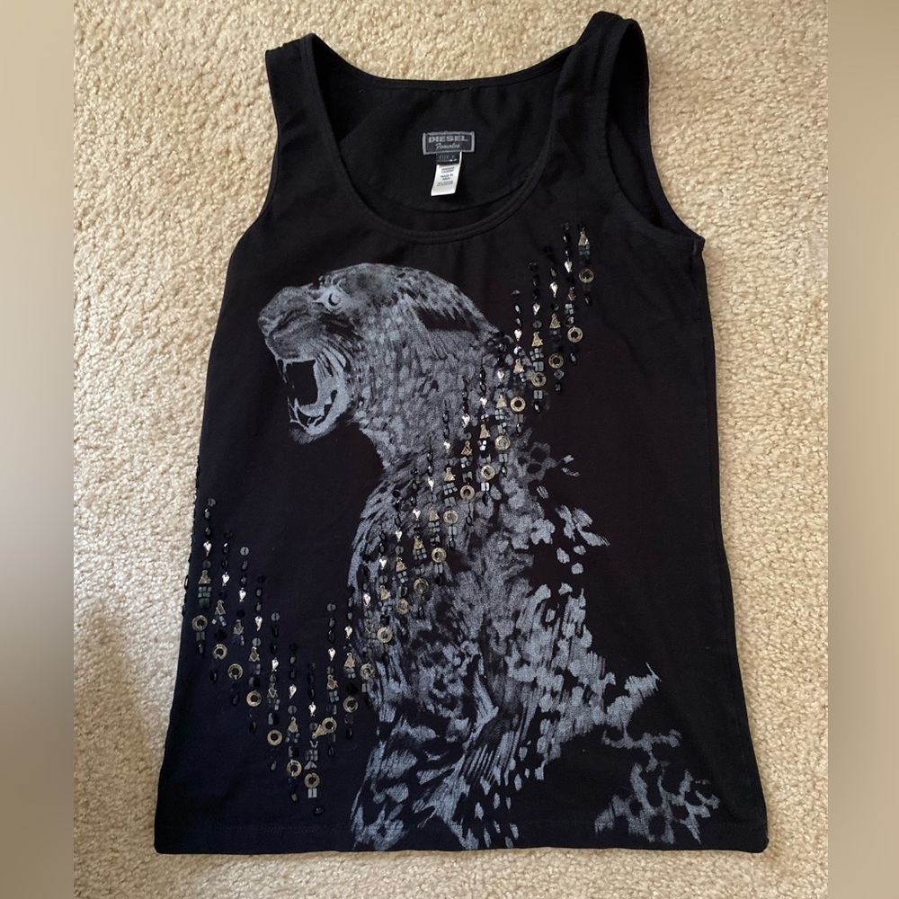 Rare DIESEL Females Leopard Studded Black Tank Top Size S